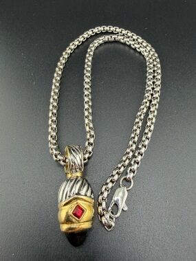Stainless Steel Rounded Box Chain Red Stone Enhancer pendant Necklace